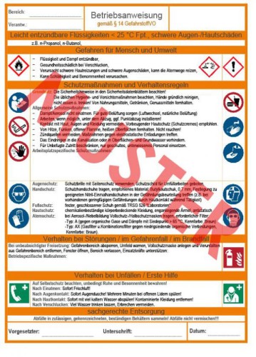 Ausfüllbare Betriebsanweisung Gefahrstoff ätzend / entzündlich