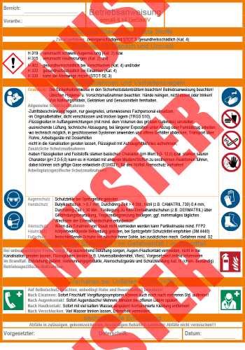 Ausfüllbare Betriebsanweisung reizende flüssige und feste Stoffe