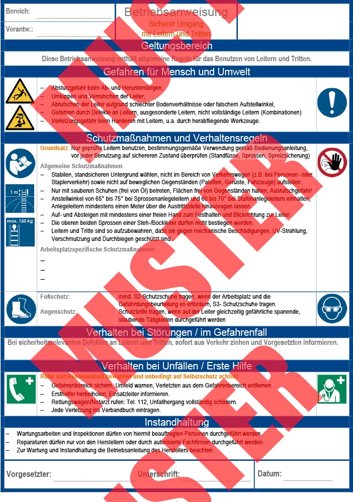 Ausfüllbare Betriebsanweisung Leitern und Tritte