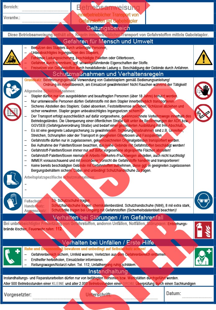 Ausfüllbare Betriebsanweisung Innerbetrieblicher Transport von Gefahrsstoffen